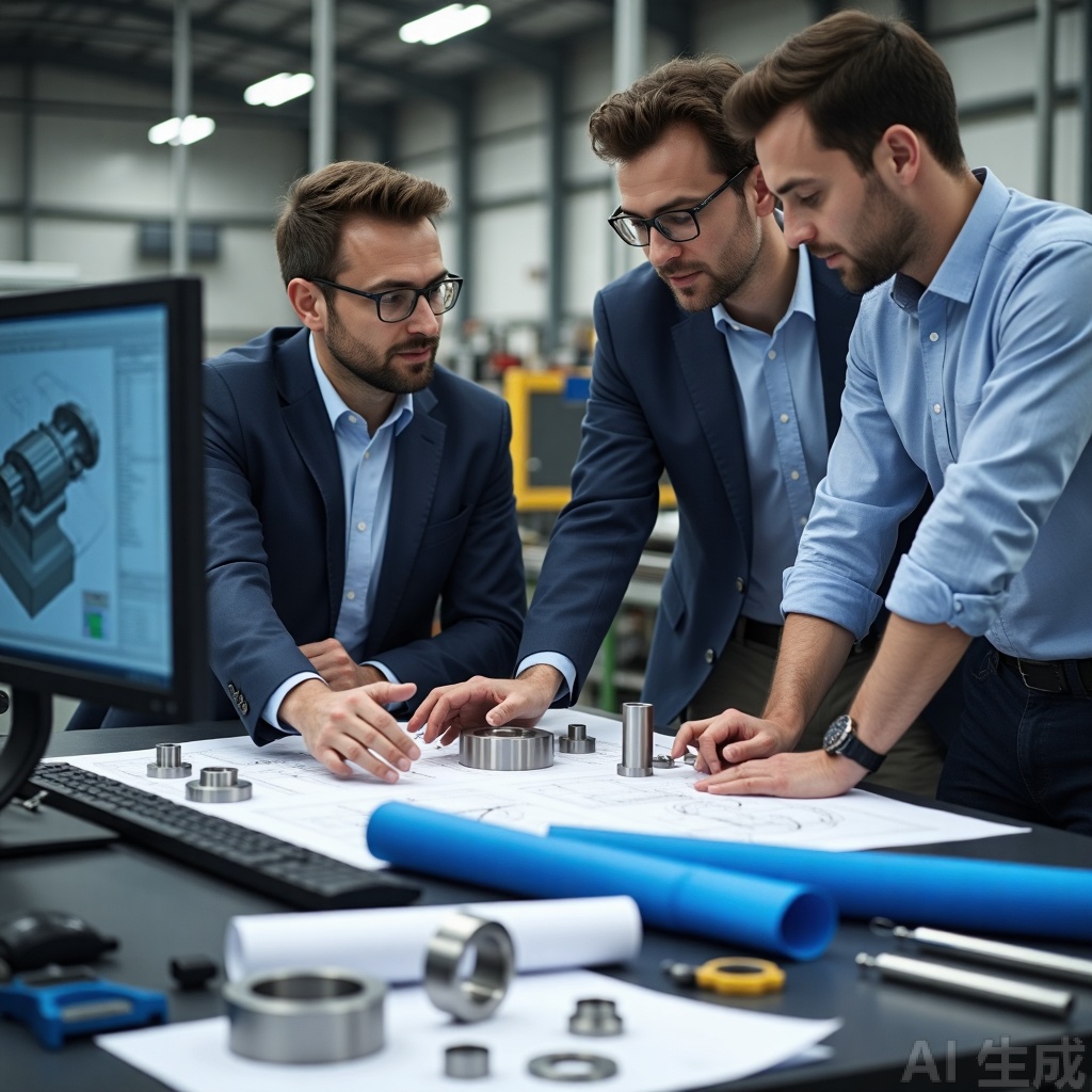 Engineering team reviewing CAD drawings for custom CNC machined parts at an ISO certified manufacturing facility